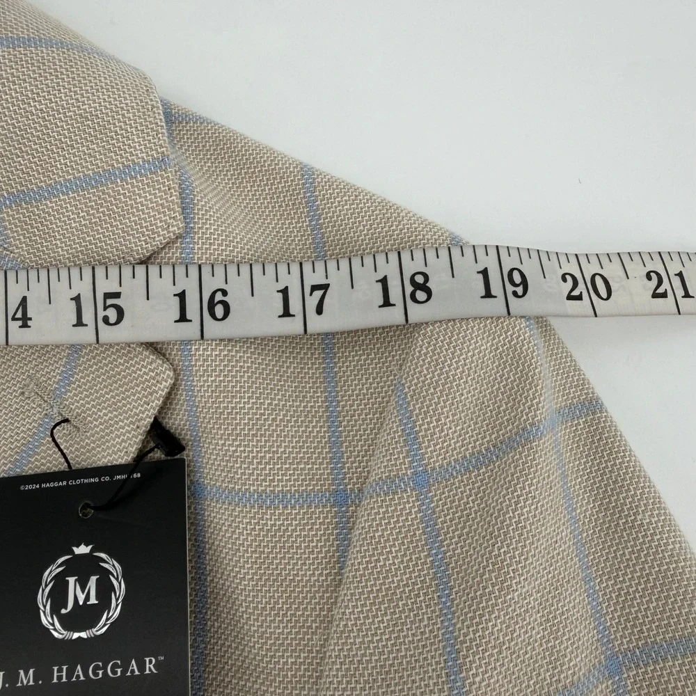 J.M. Haggar Sport Coat Mens 42S Tan Blue Windowpane Check Slim Fit Cotton Blazer